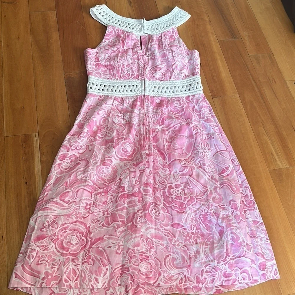 Lilly Pulitzer vintage 100% linen dress what’s your sign sundress pink white